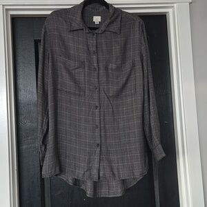 NWOT A New Day Black And Gray Plaid Button Down Tunic Top Size Medium